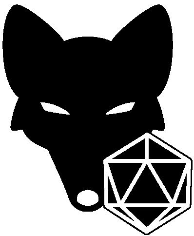  A black and white drawing of a fox head with a d20 in front of it.